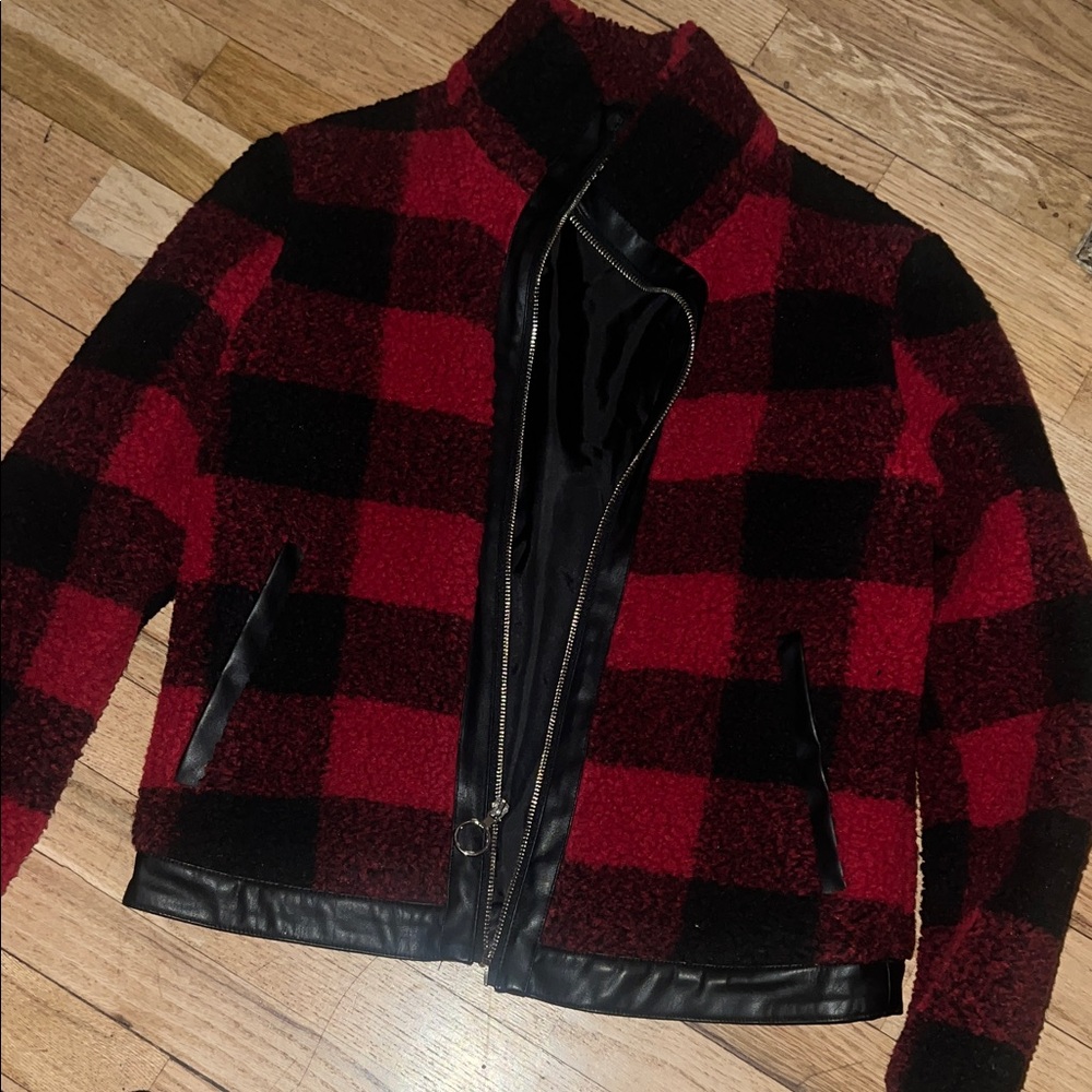 Express Red and Black Plaid Teddy Jacket